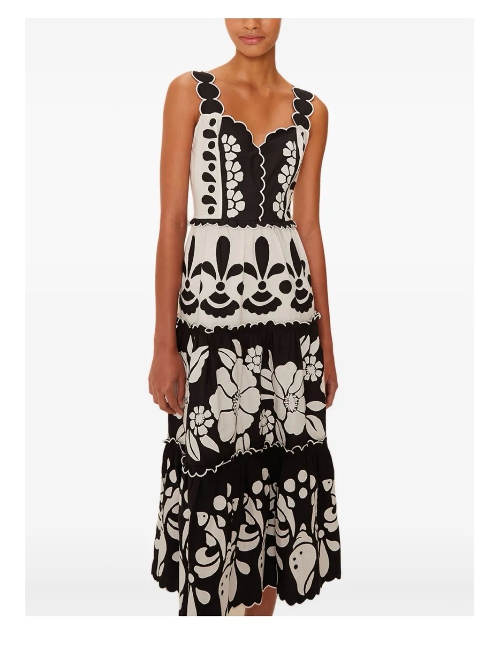 Farm Rio Scalloped Black & White Floral Tiered Midi dress